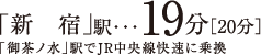 「新宿」駅・・・19分［20分］ 「御茶ノ水」駅でJR中央線快速に乗換