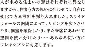人が求める住まいの形はそれぞれに異なりますから、住まう方の思いに合わせて、自在に変化できる設計を採り入れました。スライドウォールの開閉によって、リビングを広々させたり、個室を確保したり、また来客にあわせて空間を使い分けたり……あらゆる使い方にフレキシブルに対応します。