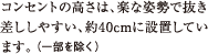 コンセントの高さは、楽な姿勢で抜き差ししやすい、約40cmに設置しています。（一部を除く）