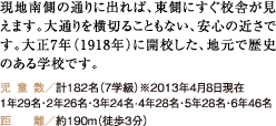 現地南側の通りに出れば、東側にすぐ校舎が見えます。大通りを横切ることもない、安心の近さです。大正7年（1918年）に開校した、地元で歴史のある学校です。 児童数／計182名（7学級）※2013年4月8日現在 1年29名・2年26名・3年24名・4年28名・5年28名・6年46名 距離／約190m（徒歩3分）