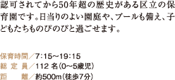 認可されてから50年超の歴史がある区立の保育園です。日当りのよい園庭や、プールも備え、子どもたちものびのびと過ごせます。 保育時間／7：15〜19：15 総定員／112 名（０〜5歳児） 距離／約500m（徒歩7分）