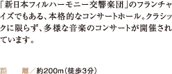 「新日本フィルハーモニー交響楽団」のフランチャイズでもある、本格的なコンサートホール。クラシックに限らず、多様な音楽のコンサートが開催されています。 距離／約200m（徒歩3分）