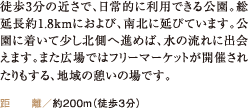 徒歩3分の近さで、日常的に利用できる公園。総延長約1.8kmにおよび、南北に延びています。公園に着いて少し北側へ進めば、水の流れに出会えます。また広場ではフリーマーケットが開催されたりもする、地域の憩いの場です。 距離／約200m（徒歩3分）