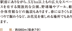 駅前にありながら、5万ha以上もの広大なスペースを有する開放的な公園。野球場やプール、総合体育館などの施設もあります。春にはさくらまつりで賑わうなど、お花見を楽しめる場所でもあります。 距離／約560m（徒歩7分）