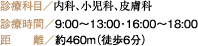 診療科目／内科、小児科、皮膚科 診療時間／9:00～13:00・16:00～18:00 距離／約460m（徒歩6分）